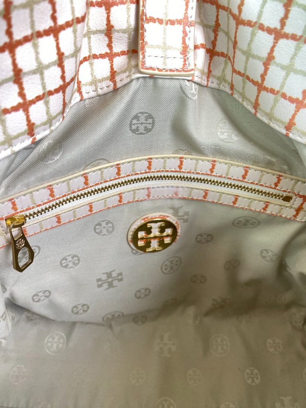 Tory Burch Priscilla Grid Satchel Ivory Orange Leather Top Handle 🌼 Arden - Picture 8 of 17